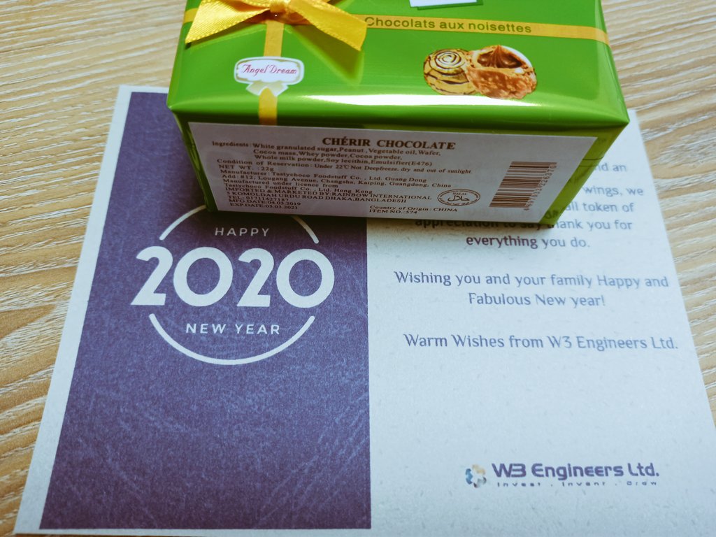 TajmulHossainIM's tweet photo. Happy New Year 2020. It's amazing when comes to the office and got a special gift from Office.
Proud to be a member of @w3engineers Family.
#BestWishes #2020NewYear #W3Engineers https://t.co/o5WAViBbDN