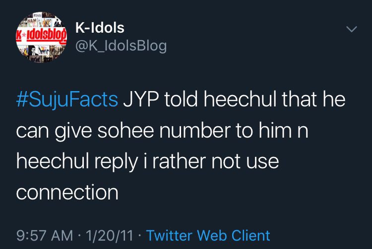 heechul is friends with JYP. JYP knows that heechul is a huge fanboy of wgm's sohee so he offered to arrange a private meeting for heechul to meet sohee. heechul declined because he didn't want to use connection or make her uncomfortable & only admired her as her fan.