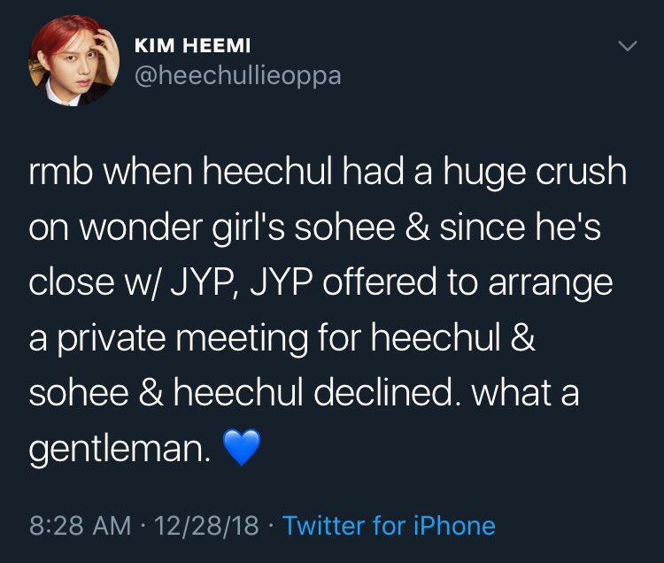 heechul is friends with JYP. JYP knows that heechul is a huge fanboy of wgm& #39;s sohee so he offered to arrange a private meeting for heechul to meet sohee. heechul declined because he didn& #39;t want to use connection or make her uncomfortable & only admired her as her fan.