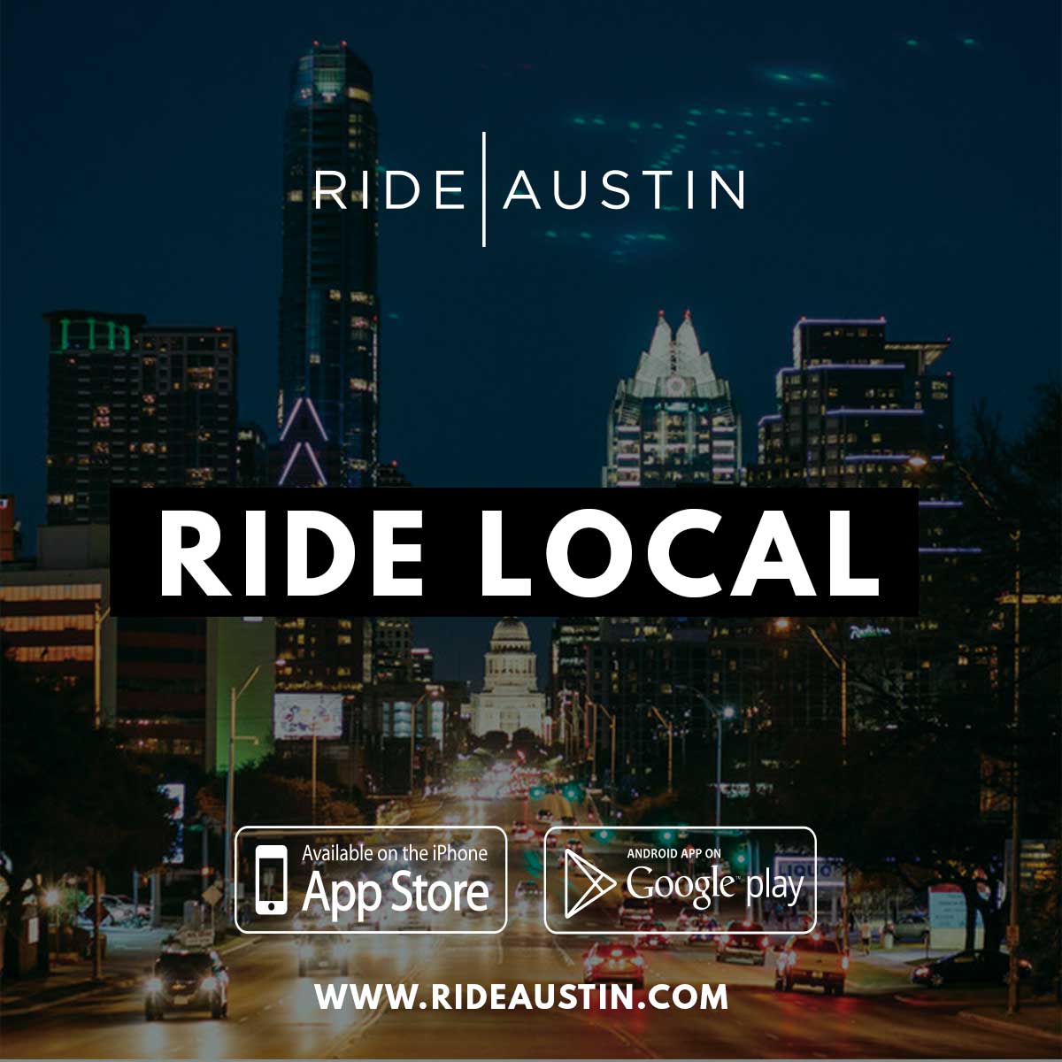 Ride safe and ride local tonight! We appreciate all our riders and drivers who chose to ride Ride|Austin in 2019 and we look forward to servicing you in 2020!  

Download our app now: For iOS: ow.ly/shJN50xKMcq or Android: ow.ly/4wQ750xKMdg #ATX #AustinTX #NYE2019
