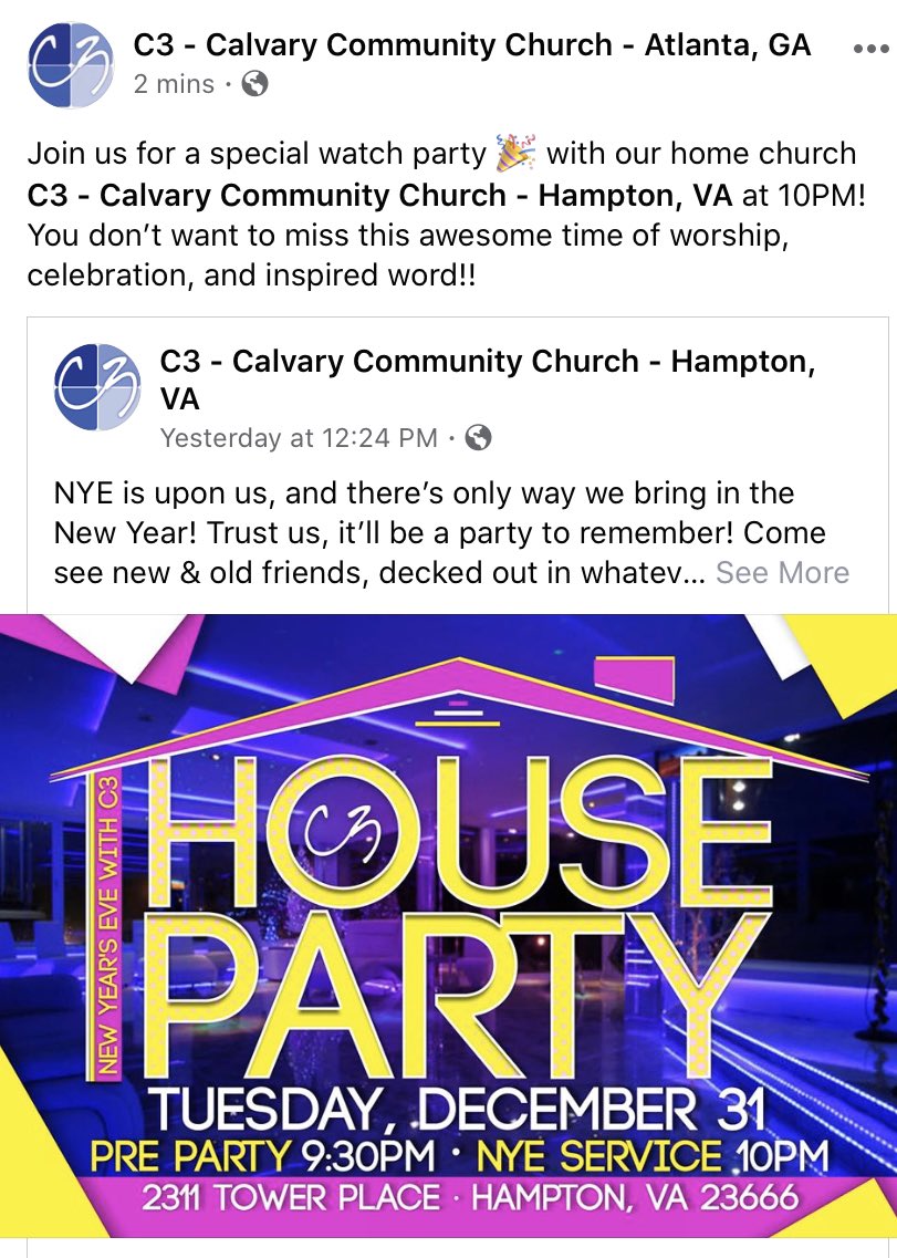 nickj2003's tweet photo. Join the celebration 🎉 this at 10pm! NYE service @C3Hampton! Friends of @C3AtlantaGA join our watch party! Get focused, inspired, and refreshed as you bring in the new year! #2020Vision #TueYearsEve #NewYears #Church #atlantageorgia https://t.co/xQJ7MbhQxz