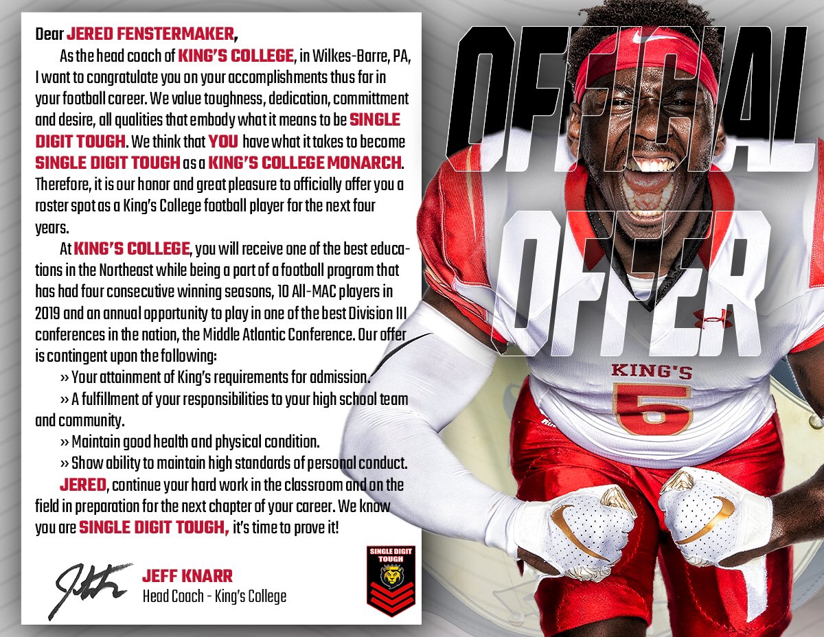 Jered Fenstermaker (@jeredfensterma1) on Twitter photo Feeling very Blessed and Honored! Received a official offer from Kingโs College ๐. <a href="/KingsCollegeFB/">King's Football ๐</a> <a href="/jeff_knarr/">Jeff Knarr</a> Feeling very Blessed and Honored! Received a official offer from Kingโs College ๐. <a href="/KingsCollegeFB/">King's Football ๐</a> <a href="/jeff_knarr/">Jeff Knarr</a>