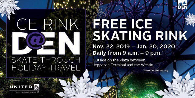 AStaybridgeDIA's tweet photo. Skate free at the ✈️⛸ Denver International Airport (DEN) ~ passengers and community members. The ice-skating rink on the #DEN outdoor plaza returns for its fourth season. Open from 9am to 9pm daily until Jan. 20th. #DENEvents
https://t.co/wzJrNk3O7U https://t.co/UxjvQRMuYL