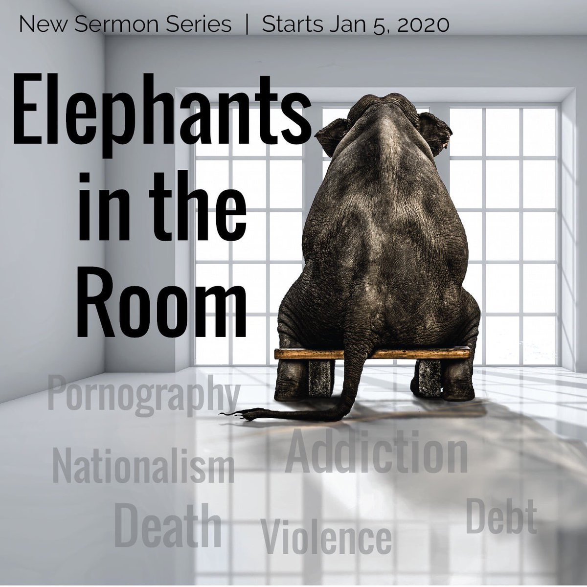 wblumc's tweet photo. Often people seem to avoid talking about the big things that cast shadows over our lives, consume our attention, threaten us, or embarrass us. It’s time to talk about the Elephants in the Room: porn, debt, nationalism, addiction, death, violence. Starts Jan 5. https://t.co/bPoWXM5DtH