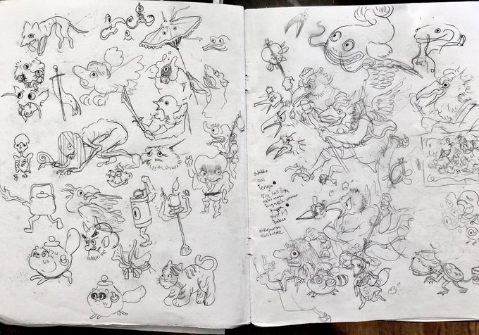 @gregstasiw Oh my sketchbook is always a nightmare. Everything is a jumble of sizes,spacing, and written ideas. Sometimes it's crowded and sometimes I draw one thing  in the middle of the page for no reason.

If they were planned out and tidy I would show u guys way more often lol 