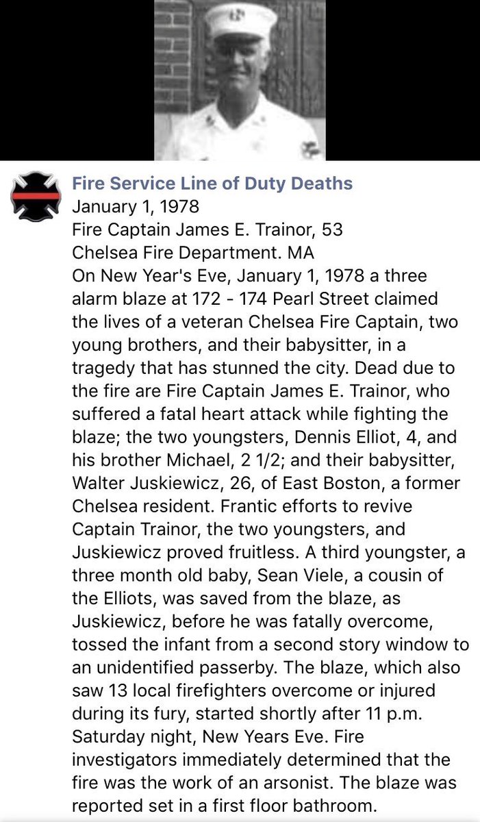 ChelseaScanner's tweet image. Today we remember @ChelseaFire_MA 
#Firefighter James E Trainor.
Fire Captain Trainor made the
ultimate sacrifice while
fighting a 3-alarm arson fire 
on New Years Eve (1978)
#LODD #NeverForget #RIP #ChelseaMA #ChelseaFire