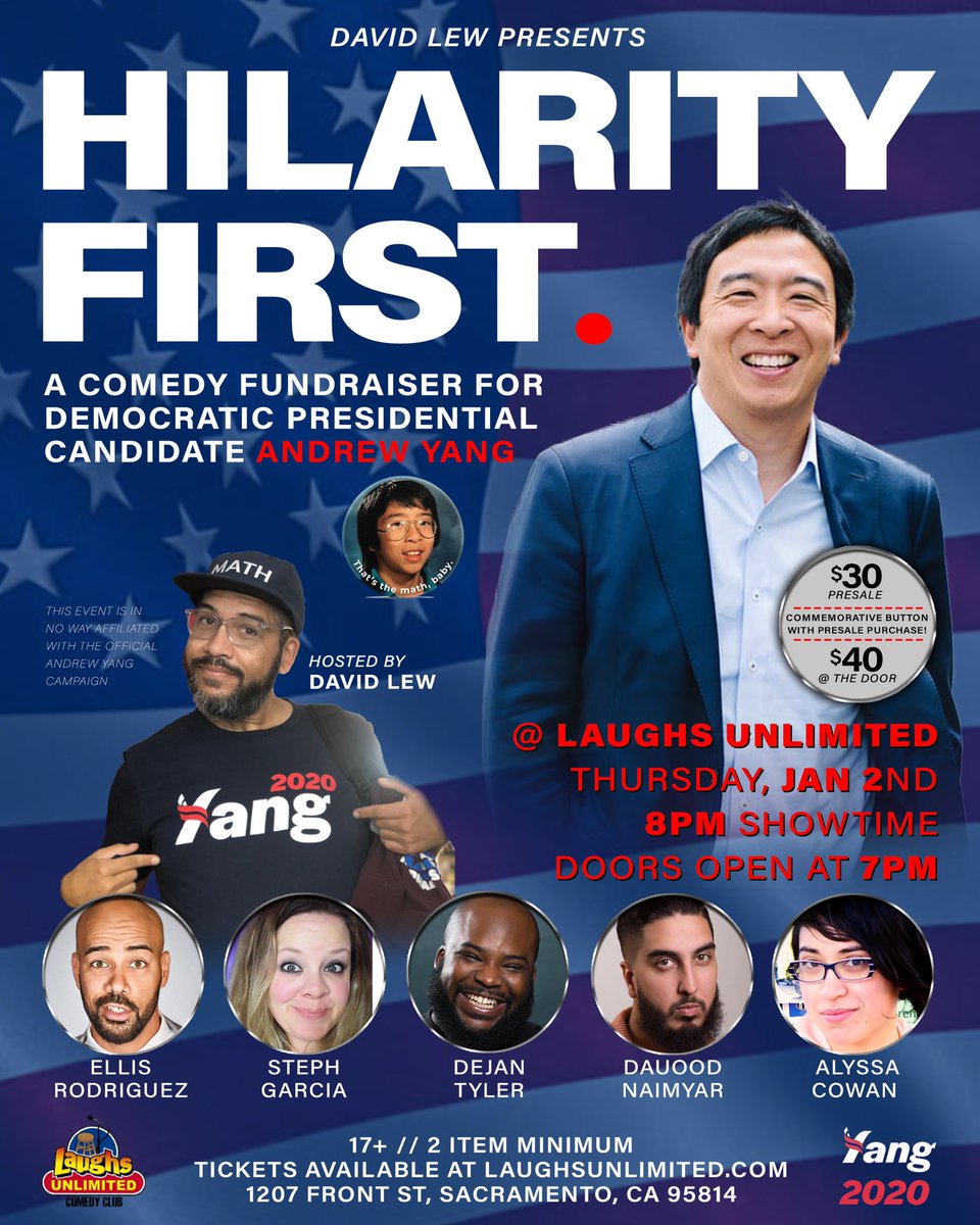 davidlew's tweet photo. 1/2 For every ticket we sell for #HILARITYFIRST comedy show from now until 8:45pm PST, I’ll donate $10 to @AndrewYang campaign! Gives you around 2 hours! Let’s get #4MillForYang!! https://t.co/Stsoyzw0gl