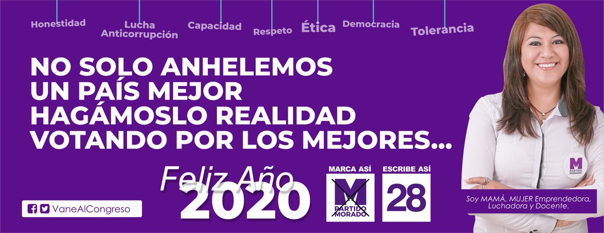 Vanessa_CL3's tweet photo. #AñoNuevo2020 | Evaluemos el 2019 y superemos todo aquello que frenó el desarrollo
Que el 2020 venga con éxito y siembre en nosotros la #VoluntadDeProgreso para #ElegirBien a nuestras autoridades
Apostemos por la #EducaciónDeCalidad, marca la M del @partidomorado y escribe el 28 https://t.co/DU2mBbXhwL
