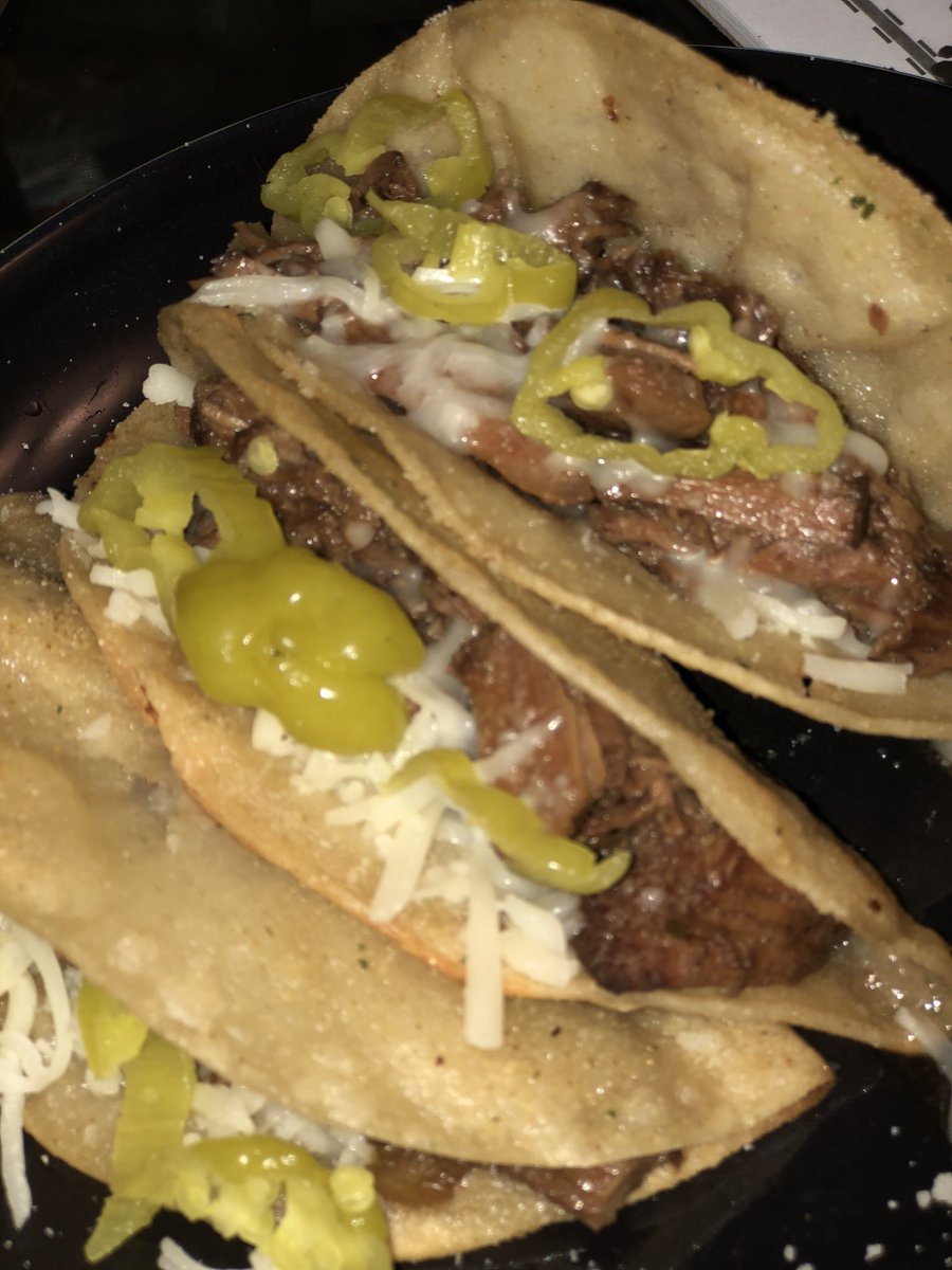 NVPINKY's tweet photo. You can make any type of taco...I just used some left over pot roast I made added some cheese and sliced up some pepperchinis...BOMB but you have to fry you taco shells in bacon fat https://t.co/mRKI6Esp5J