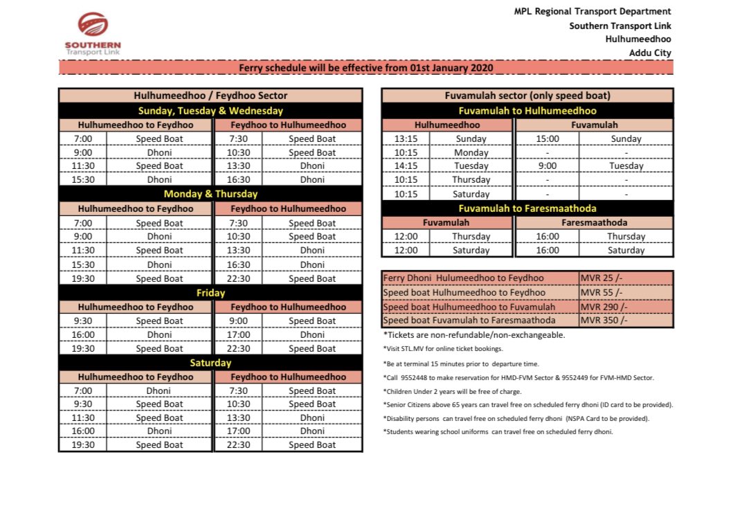 FYI: Ferry Schedule effective from 01st January 2020

Online booking: stl.mv

#visitaddu #visithulhudhoo #visitfuvamulah #visitmeedhoo #visithulhumeedhoo #mpl