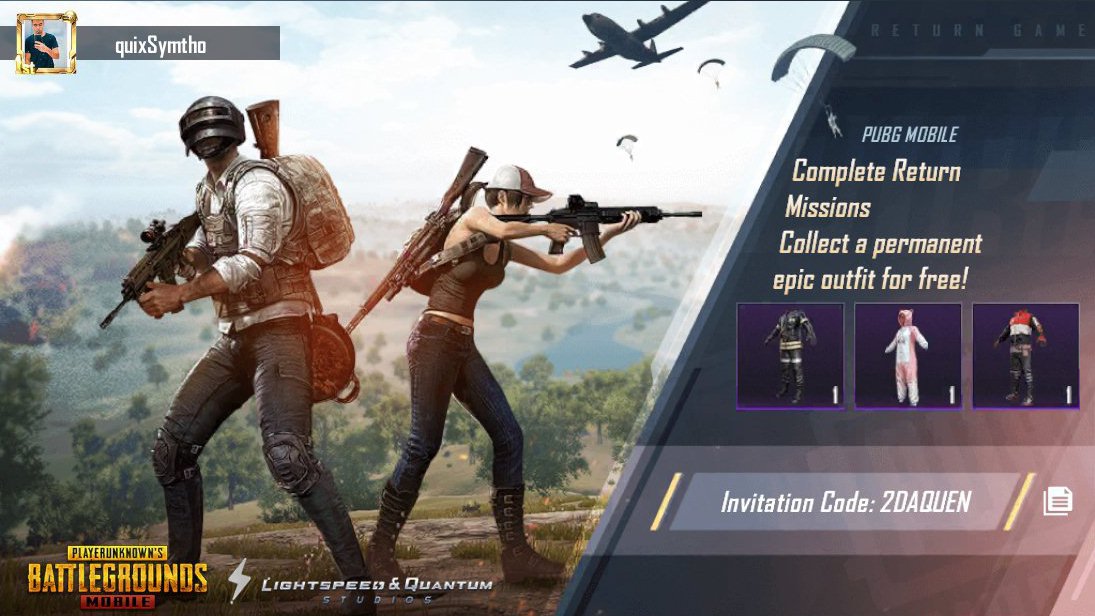 完成【PUBG MOBILE】回归任务，免费领史诗级永久套装！我的邀请码：2DAQUEN share.pbgcj.com/recallfriend.p…