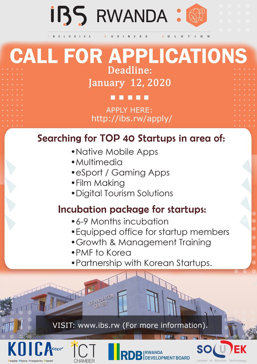 Application for IBS RWANDA Startups SECOND COHORT is now OPEN.

We are looking for 40 startups in 
1.Native Mobile Apps
2.Multimedia
3.ESports/Gaming Apps
4. Film making
5. Digital tourism solutions. 

Please don't miss this opportunity.
Apply through: ibs.rw/apply/