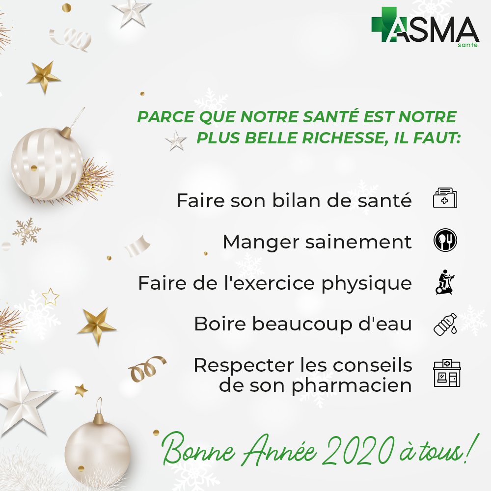 01. 01. 2020

Beaucoup de nouvelles résolutions seront prises. Prenons en aussi pour notre santé car qui n'a santé n'a rien, mais par elle on a tout. 

Notre santé est notre plus belle richesse.

Très belle année 2020 à nous!

Dr <a href="/nourahmazu/">Dr Anourah 🇧🇯👩🏽‍🔬</a>, ASMA Santé
💚
