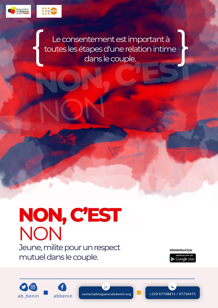 ab_benin's tweet photo. Heureuse année à tous avec ce message fort!
Le consentement est important à toutes les étapes d'une relation intime dans le couple
NON C'EST NON!
Jeune, milite pour un respect mutuel dans le couple!
@unfpa_benin @pierredetogbe @PJBenin @bjlaurenceau
#MaVieMonChoix #YouthForESS https://t.co/UiR0mJHqCp