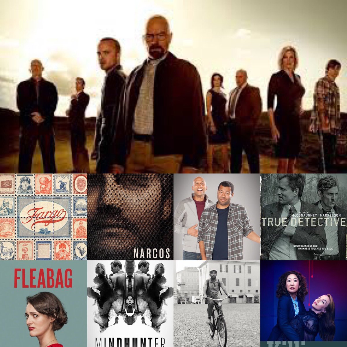 Favorite TV shows of the Decade: Breaking Bad Fargo True Detective (season 1) Master of None Narcos Better Call Saul Fleabag Killing Eve Mindhunters Justified Barry Key and Peele (Would have included another show, if only it had ended well )