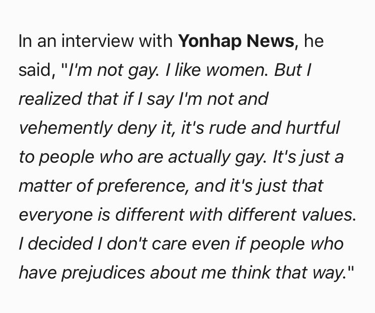 heechul didn't vehemently deny his gay rumors because he thinks it's rude & hurtful to people who are actually gay. he also supports lgbtq.