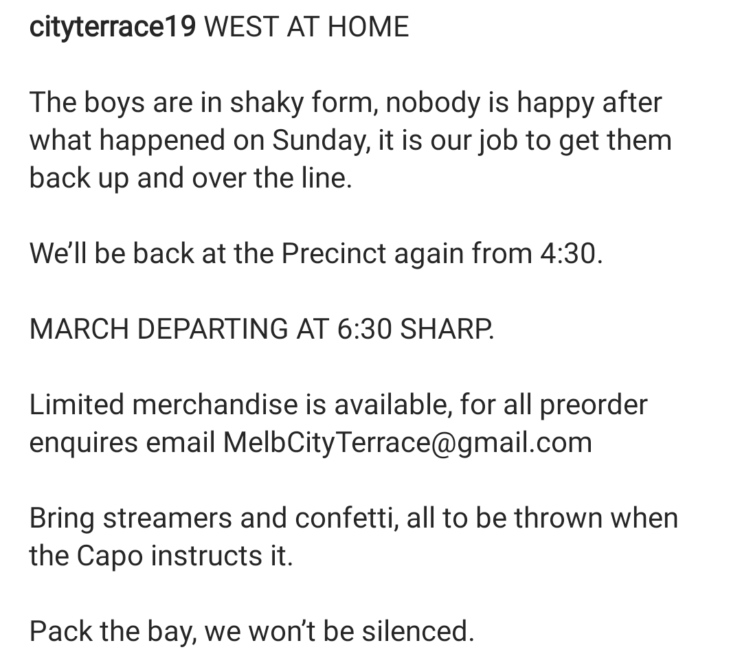 AusTerraces's tweet photo. City Terrace Pre game + March details for Friday against Western United👌🏻 
-
#westernunited #westernservicecrew #wufc #melbournecity #aleague #forevercity https://t.co/F1eZm6GAMT