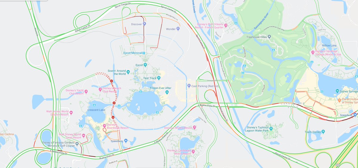 EpcotNYE's tweet photo. The backups are underway.  Epcot Center Drive Eastbound is filling in.  #EscapeFromEpcot #EpcotNYE https://t.co/DBTwclEbrK
