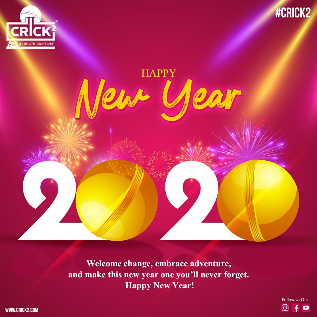 Crick2Game's tweet photo. Welcome change, embrace adventure & make this new year, one you'll never forget.
Happy New Year 2020 🥳
.
.
#2020NewYear #happynewyear2020 #crick2 #multiplayercricket #androidgame #newyearnewgame #Bye2019
https://t.co/M5TMApR3S4 https://t.co/QtqrPUbCzV