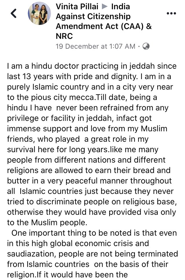 irenaakbar's tweet photo. Vinita Pillai, a Hindu doctor working in Saudi Arabia, writes about her experience of living &amp; working in an Islamic country. Her Facebook post has been shared by nearly 10k users. Attaching screenshots here for you to read &amp; hopefully shed your prejudices. Retweet widely. Thanks https://t.co/SWCNL80xcu