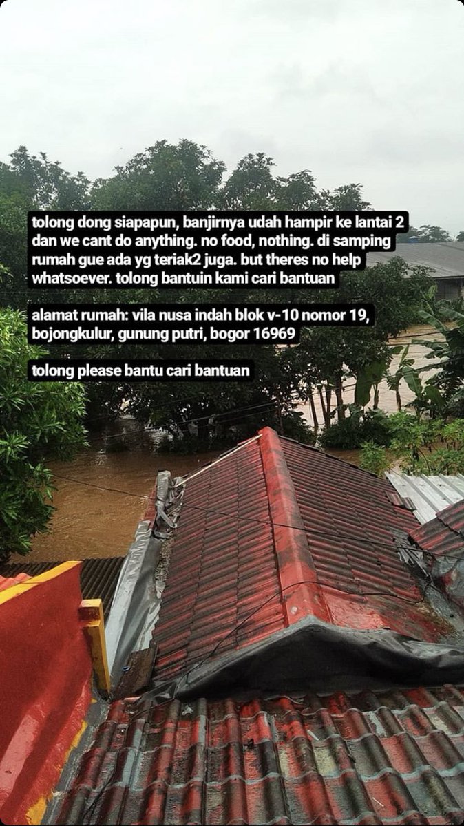 albert_na's tweet photo. Halo teman-teman di sekitaran Bogor, butuh bantuan untuk teman saya @GabeDhiar yang terjebak banjir di rumahnya.

Masih ada warga lain yang terjebak juga dan belum ada pertolongan.

#Banjir https://t.co/4ltq7Rkf8j