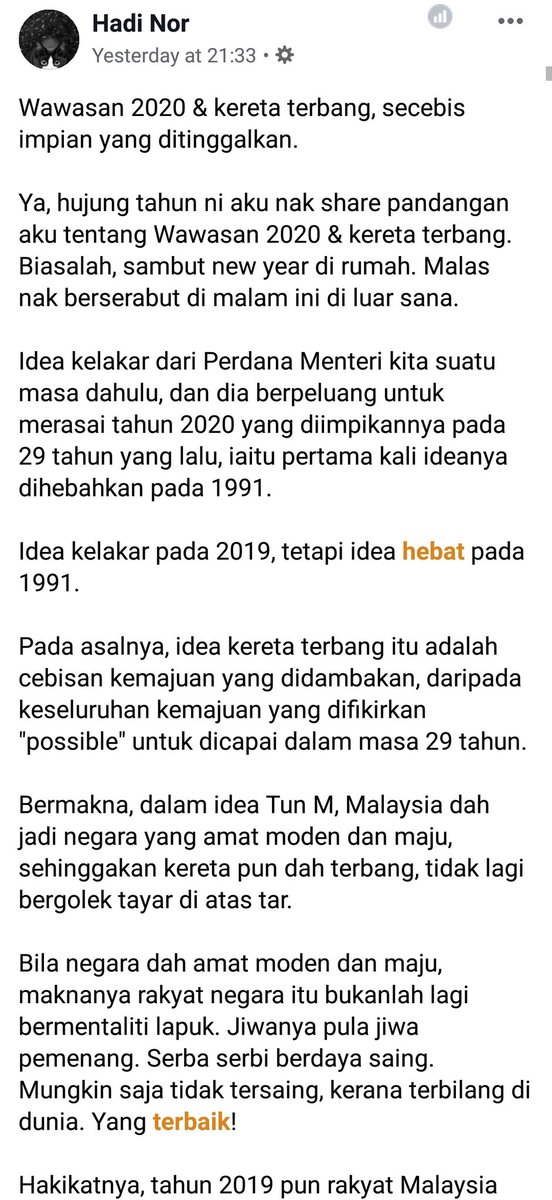 hadi_nor's tweet photo. Wawasan 2020 dan lawak kereta terbang.

If you take a deep insight, you should be ashamed of yourself making that joke. https://t.co/PsIhH6cD28