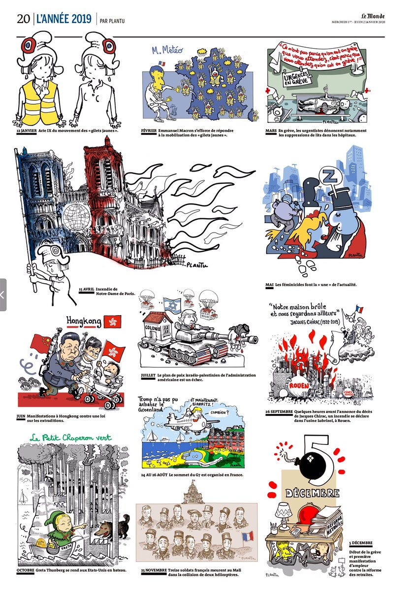 plantu's tweet photo. BONNE ANNÉE À TOUTES ET À TOUS. Voici la page publiée dans Le Monde daté de ce 1er janvier 2020. 🐭🌹🐭 https://t.co/bdQzeHfFC9
