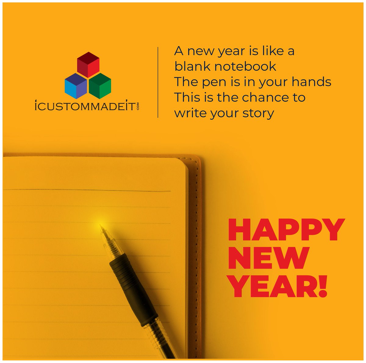 ICMIIndia's tweet photo. A new year is like a blank notebook 
The pen is in your hands 
This is the chance to write your story.
Happy New Year! 
#icustommadeit #customizedgifts #happynewyear2020 https://t.co/vjPs5brl55