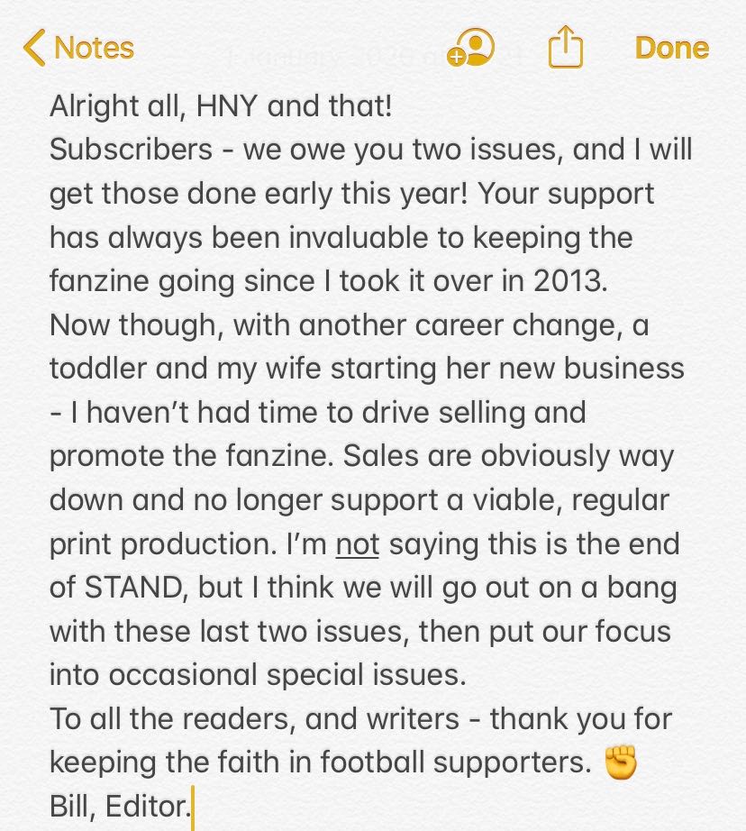Some news on the fanzine, from us. 

Written in the style of a lower league footballer's apology after he's been just been done for drink driving. Again. 🙏

standfanzine.bigcartel.com