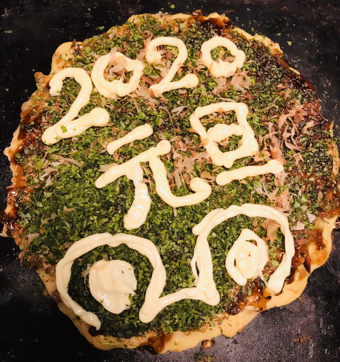 元旦礼拝の後、家族で月島もんじゃとお好み焼きでらくがき? 