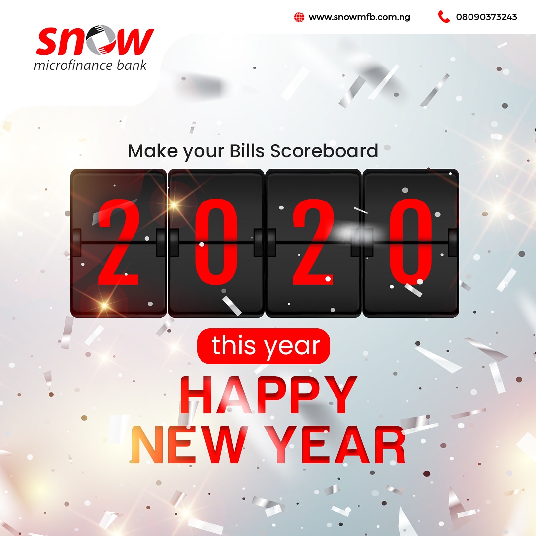 snowmfb's tweet photo. We wish you a spectacular, phenomenal 2020 where you hit your bill targets before time.⁣
⁣
Happy new year from all of us rooting for you in Snow MicroFinance.⁣
#SnowMicroFinanceBank #SnowMFB #SMFB #FinancialInstitution #SavingsAccount #SaveMoney #MoneyGoals  #happynewyear2020 https://t.co/rmeiYtVNSw