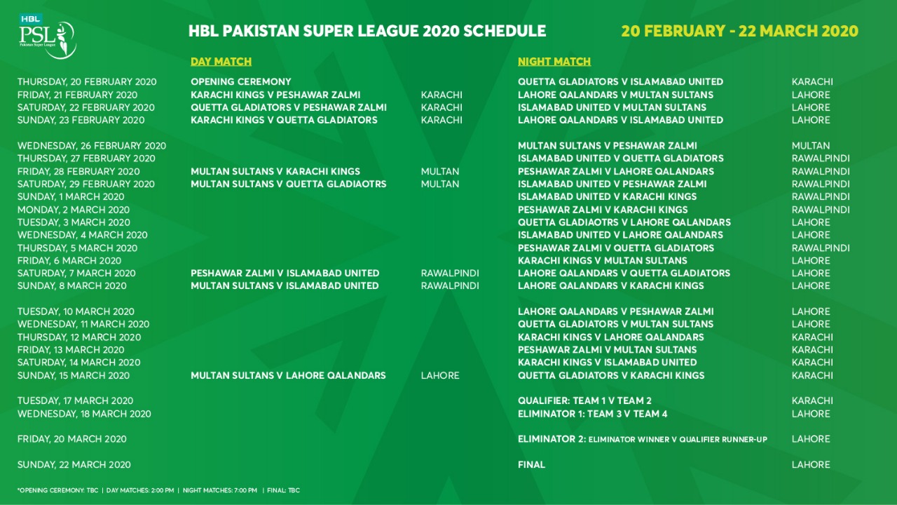 PSL 2020 Schedule 