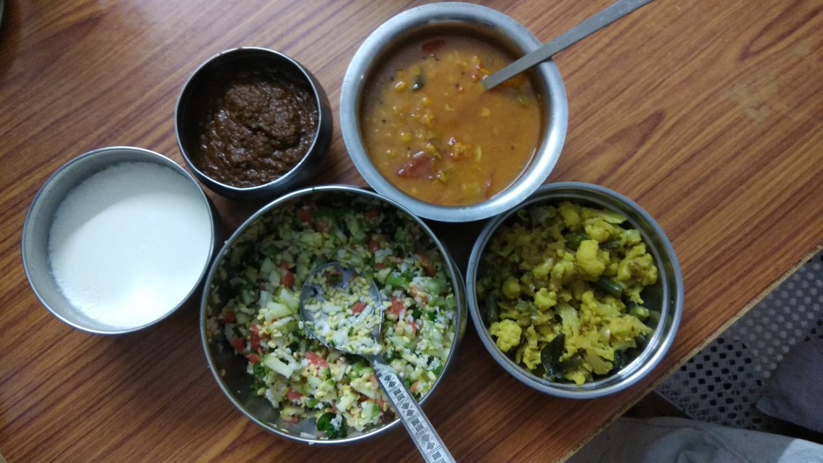 That's some meal... a  #wholesome  #meal to welcome awholesome healthy year #2020 #Kosambari #sambar #gobi sabzi #Karuveppilai thuvayal (curry leaves chutney)CurdsWith rice in attendance.