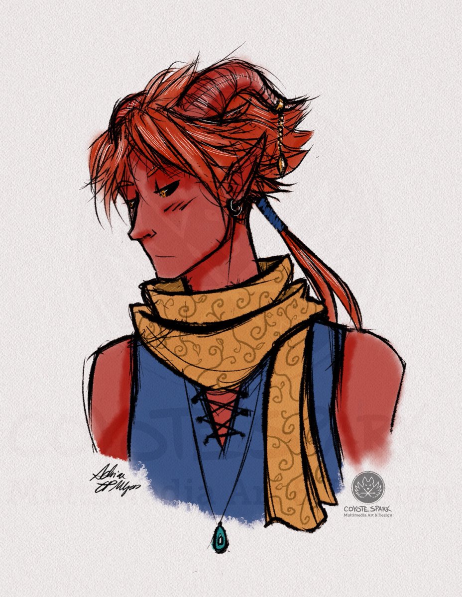 CoyoteSpark's tweet photo. Doodle of my Tiefling Epizon after finding a fancy scarf and buying a cute horn dongle at a summer festival. What can I say, my boy likes shinies. https://t.co/1r6PrgppOd