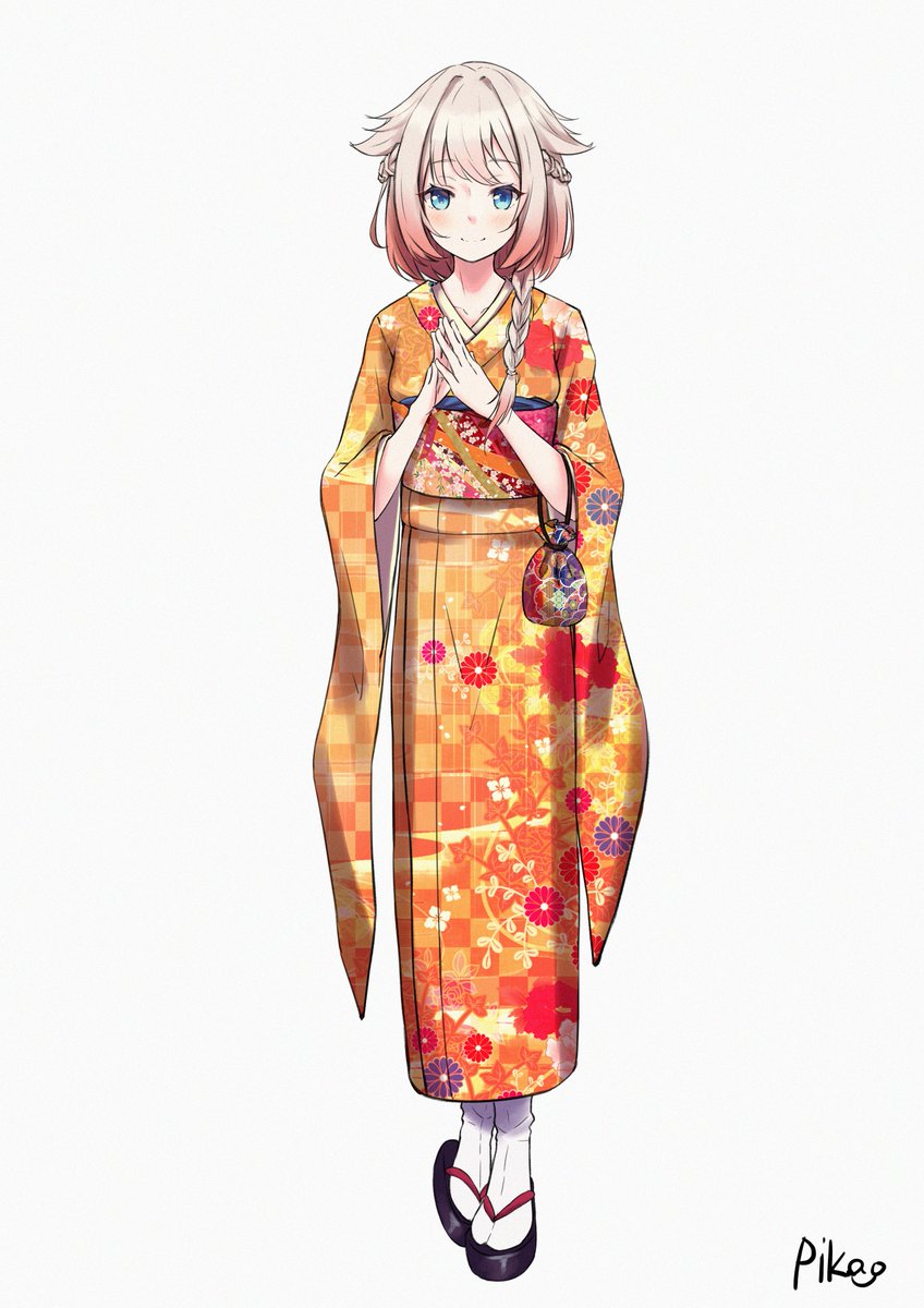 1girl solo japanese clothes kimono full body orange kimono blue eyes  illustration images
