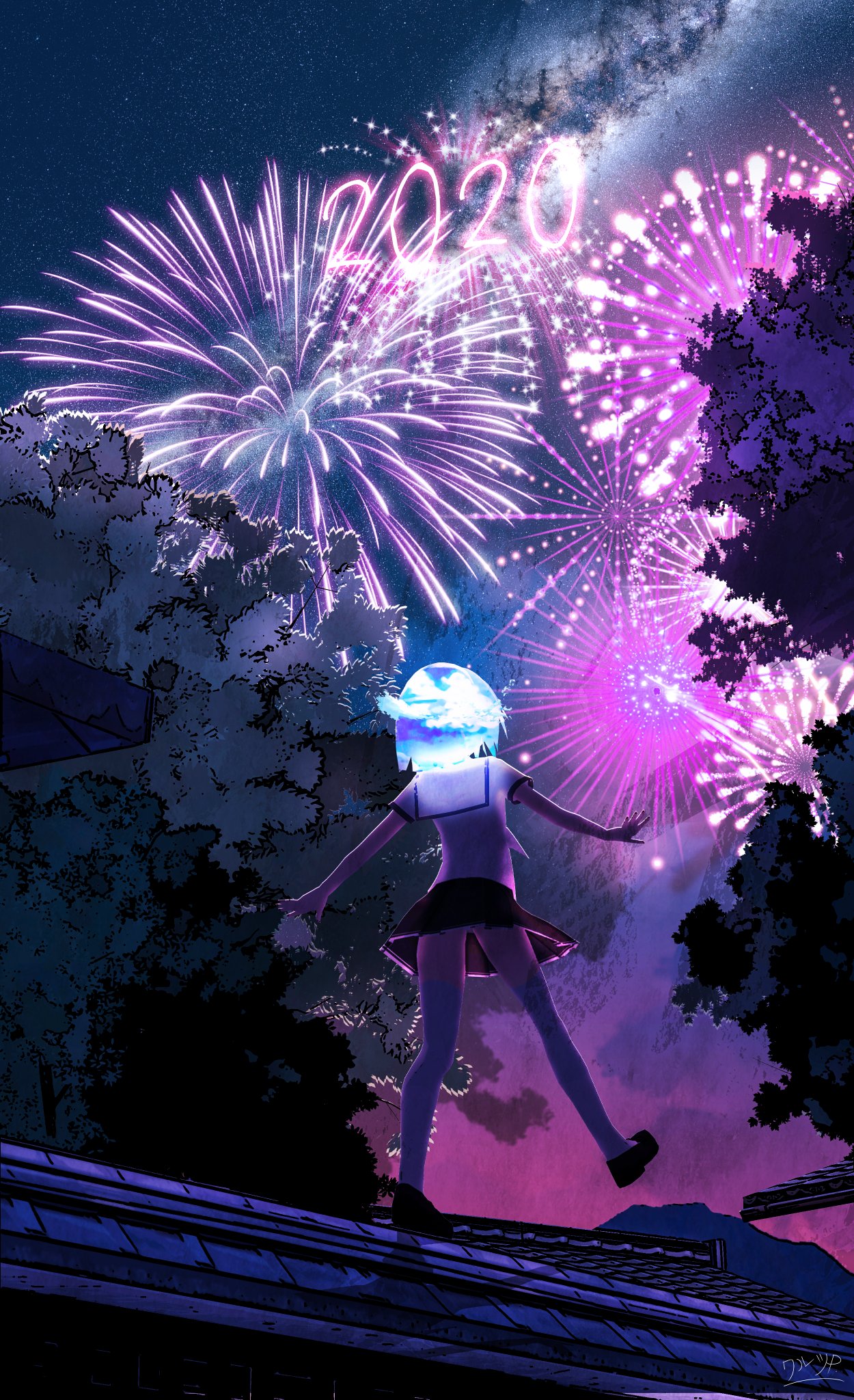 ワルツp にゅうどうぐも 明けましておめでとう Pixiv Newyears newyear 風景 抽象 イラスト 創作 夜景 星星 花火 女子高生 セーラー服 T Co Wq9v3u8lmj T Co Temcv2jfdg Twitter