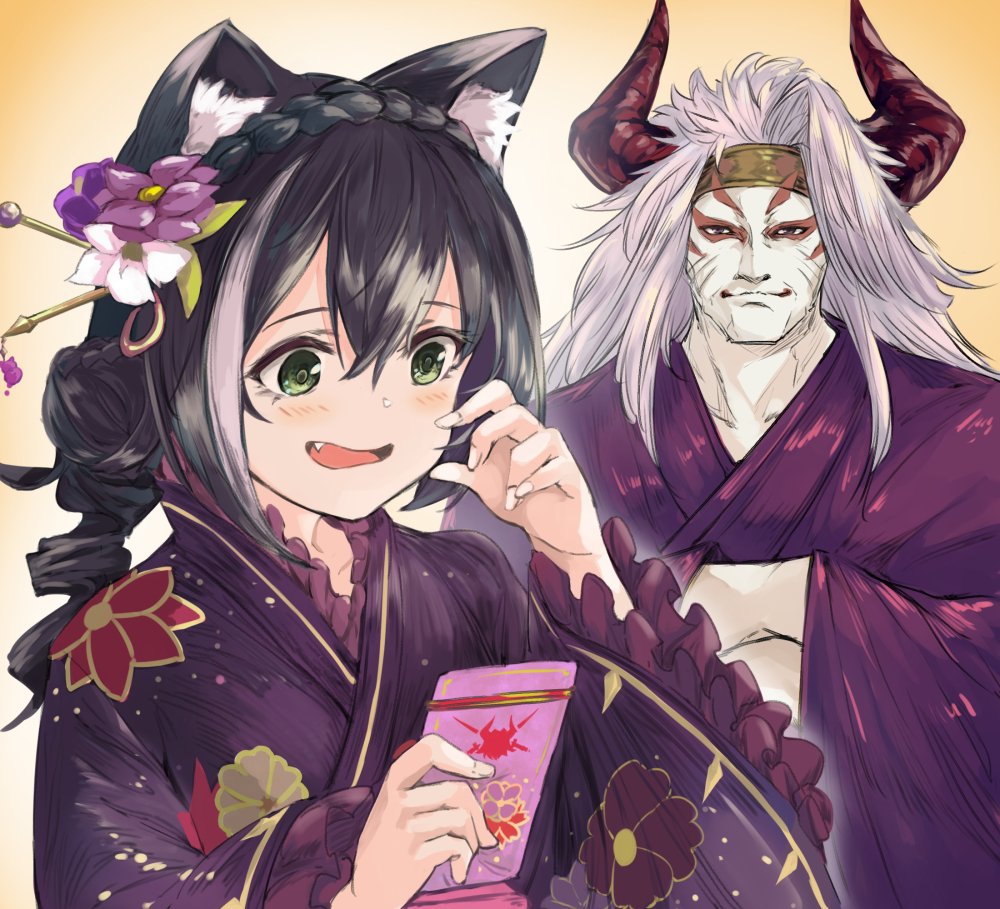 karyl (princess connect!) 1girl animal ears cat ears 1boy kimono japanese clothes white hair  illustration images