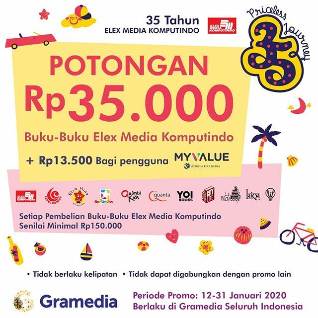 Menyambut 35 tahun elex media <a href="/elexmedia/">Elex Media Komputindo</a> dapatkan potongan Rp.35.000 setiap pembelanjaan buku elex media senilai minimal Rp. 150.000 dan tambahan Rp.13.500 untuk pengguna My value. * Tidak berlaku kelipatan
* Tidak bisa digabung dengan promo yang lain * … ift.tt/35aAcGZ