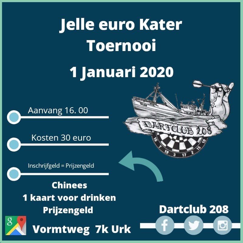 Allereerst allemaal de beste wensen voor 2020
Vanmiddag begint het katertoernooi weer om 1600 uur
Schrijf je nog in via dartclub208.nl en gooi gezellig mee
En kijk gelijk mee naar de finale van het WK darts