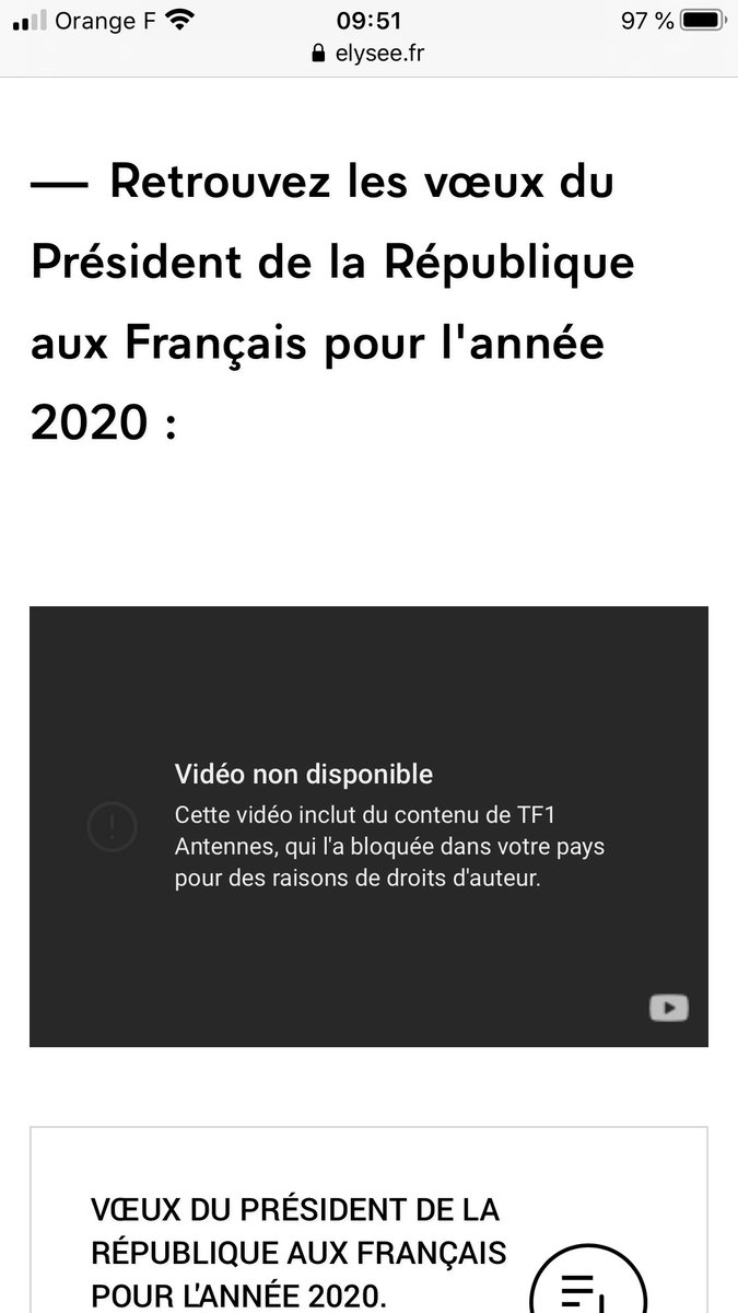 Vœux 2020 : étrange, la vidéo des vœux du Président de la République est filtrée sur le site internet de l’<a href="/Elysee/">Élysée</a> qui renvoie à celui de <a href="/YouTube/">YouTube</a> ! Erreur ou excès de softpower ?  Alors <a href="/TF1/">TF1</a> Antenne ? Heureusement tout va bien sur <a href="/BFMTV/">BFMTV</a>.