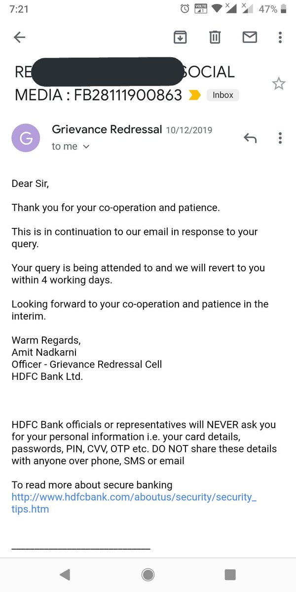 snsnihit's tweet photo. HDFC Bank Grievance redressal cell is no more than a joke. They are just fooling by giving 5 day extension to their promised resolution date. @HDFC_Bank @HDFCBank_Cares They are doing same since 28th November 😂😂 https://t.co/jjljm3iAR0