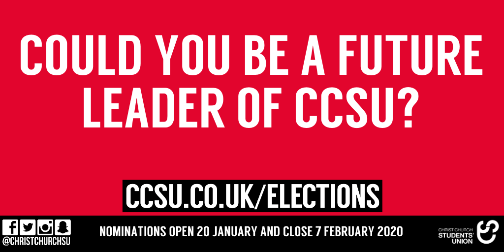 christchurchsu's tweet photo. New Year, New You? Nominations for the Student Elections open 20th January and we're looking for people who can champion student causes, represent the student body and campaign for change.

Visit https://t.co/5q2BJ2H2d6 to find out more. https://t.co/pPUTLYjw7t