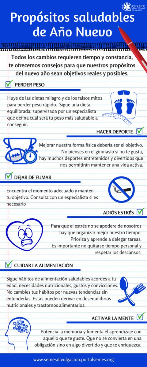 Propósitos saludables para el nuevo año 
🙆 perder peso
🏃 hacer deporte
🍨 cuidar la alimentación
Desde #DivulgaSEMES te damos unos consejos para ayudarte a conseguir tus metas saludables