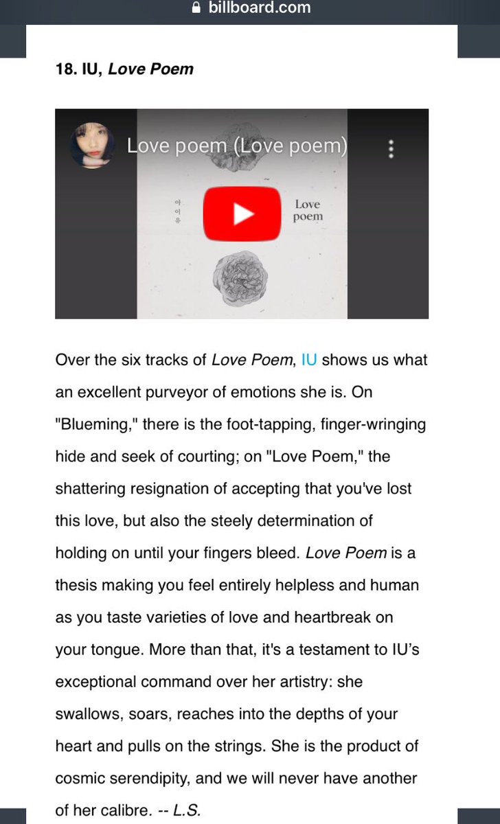 Some delicious crumb! my faves on the same article . Both of these amazing album produced respectively by both of my favourite artists. IU’s Love Poem at #18 and Stray Kids’ Clé:1 Miroh at #8 ranked by billboard critics, see article below! https://www.billboard.com/articles/news/international/8547186/the-25-best-k-pop-albums-of-2019-critics-picks