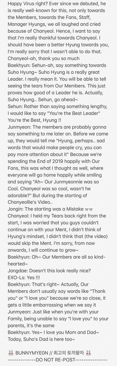 BUNNYMYE0N's tweet photo. 191231 EXplOration[dot] Ending Ment- Junmyeon's Words to EXO Members 

"Suho Hyung is a really great Leader. I really mean it. You will be able to tell seeing the tears from Our Members. This just proves how good of a Leader he is" 

#EXO #수호 #면토끼 @weareoneEXO https://t.co/IpzovvptqU