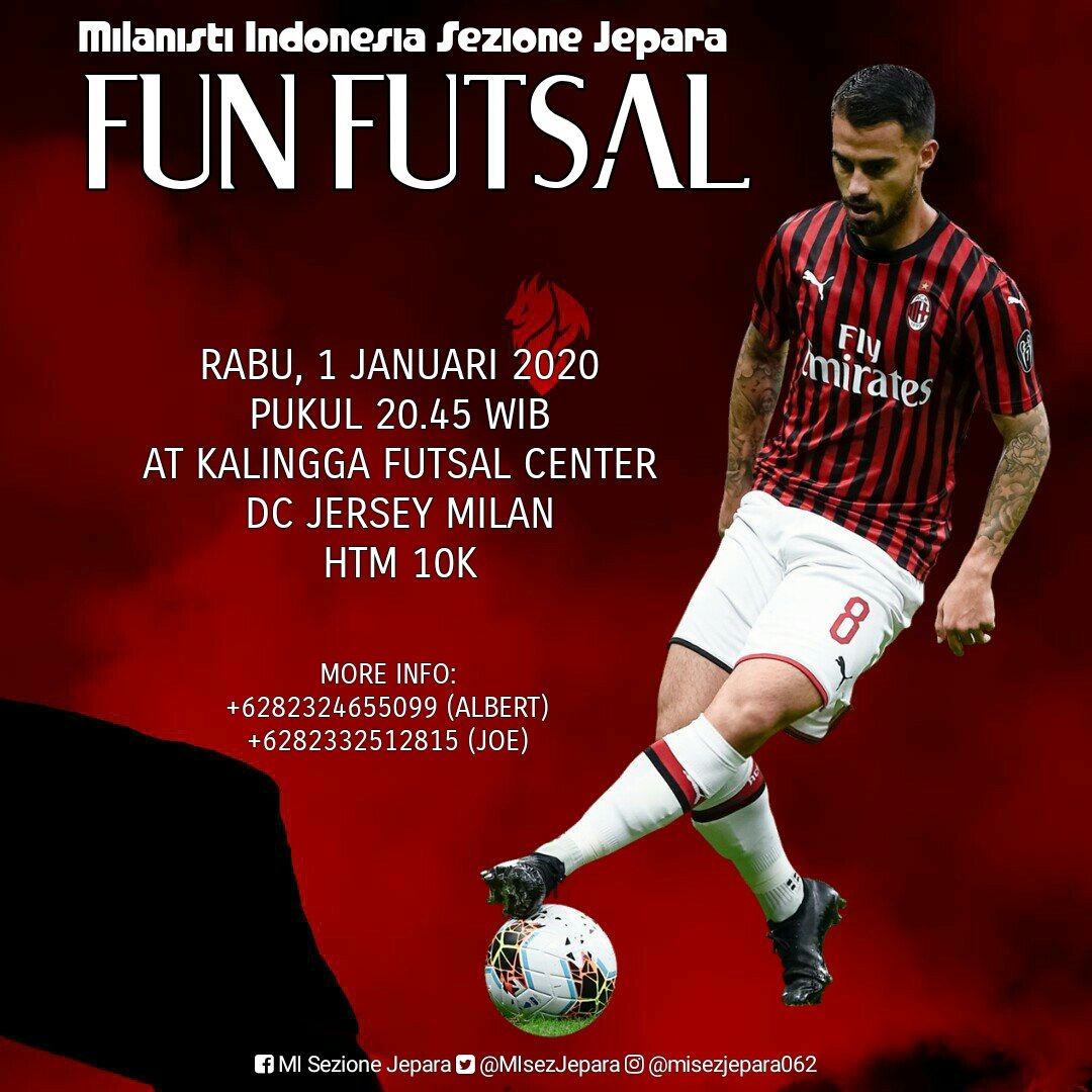 MIsezJepara's tweet photo. Ojo lali mengko bengi futsal lurrrr🥅⚽
Berkeringat malam itu sehat
🥅 FUN FUTSAL
🗓️ Rabu, 1 Januari 2020
⏲️ 20.45 Wib
📍 Kalingga Futsal Center
👕 DC Jersey Milan
💰 10K
CP: Albert (082324655099)
       Joe (0823 3251 2815)
@MilanistiOrId 
@MI_JatengDIY https://t.co/uSeXVWJKtx