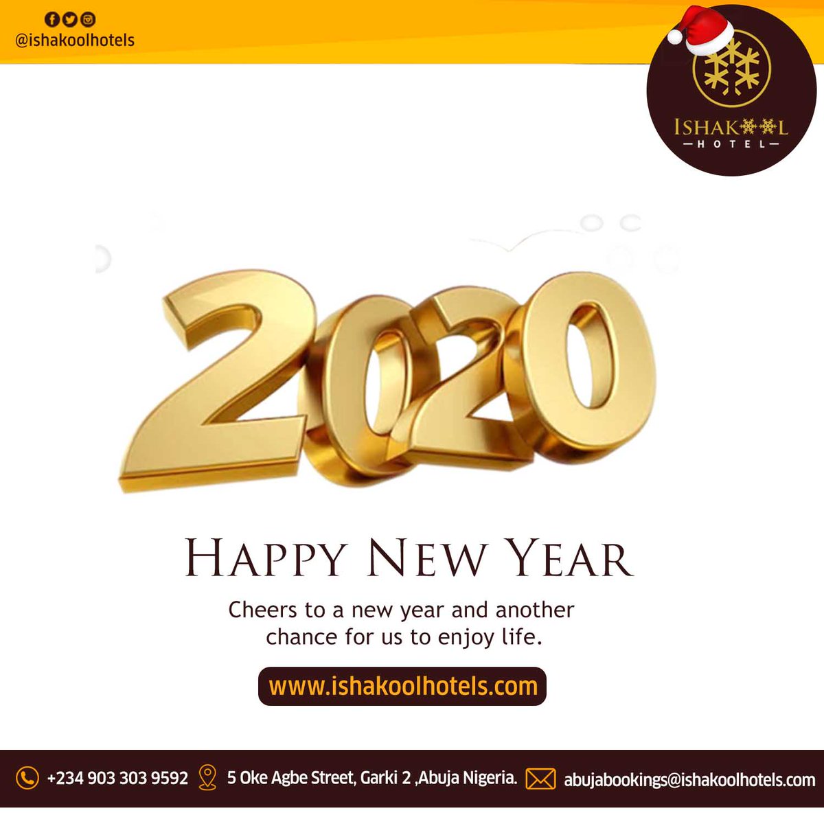 ishakoolhotels's tweet photo. Happy New Year Cheers to a new year and another chance for us to enjoy life.
email: abujabookings@ishakoolhotels.com
π±+2349055557705, +2348146905391
π5 Oke Agbe Street Garki 2 #Abuja FCT, Nigeria.
#2020 #2020vision #Abujafoodie #bellanaijaweddings https://t.co/e4ro4ASvVk