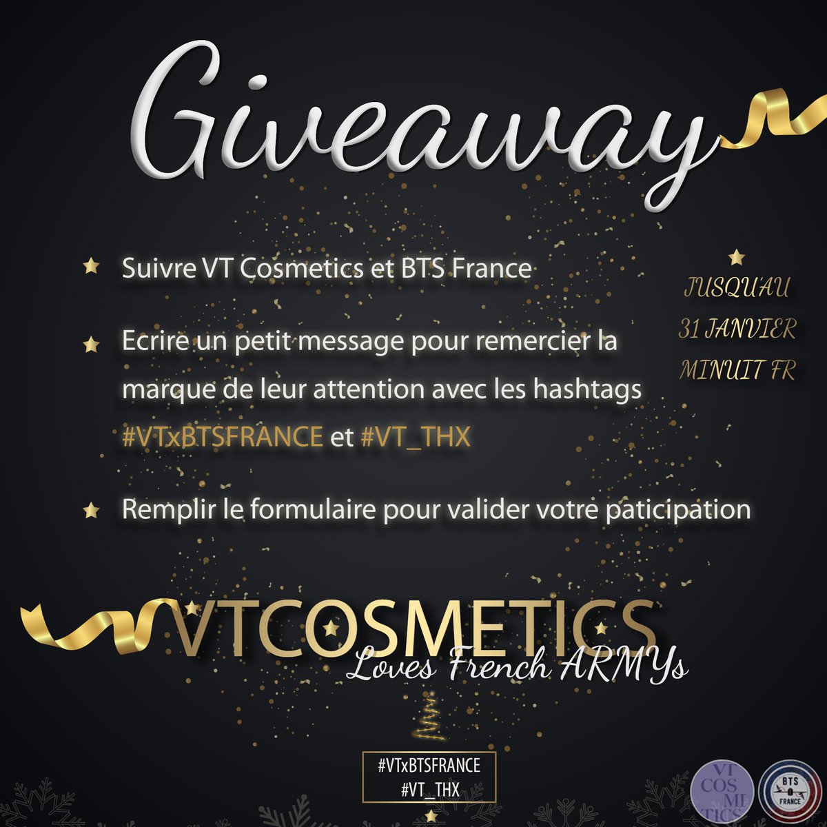 BTSFRANCE_'s tweet photo. [GIVEAWAY 🎁💫]

En collaboration avec @VT_cosmetics et pour fêter 2020, nous vous permettons de gagner des produits VT COSMETICS 💄

🎁10 lots à gagner🎁

Détails sur les posters ❄

Bonne chance à tous 🤭

📝(https://t.co/dL56SIRxAI)
#VTxBTSFRANCE #VT_THX https://t.co/MPDkz1q3Ag