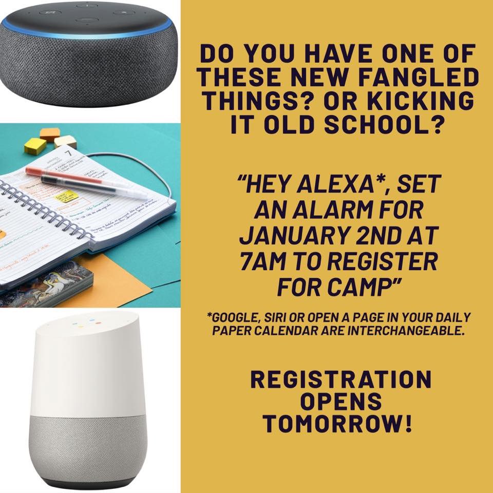 Hey Alexa, Siri, Google or with an old school calendar, set an alarm. Registration opens tomorrow at 7am at sherbrookelakecamp.org/2020