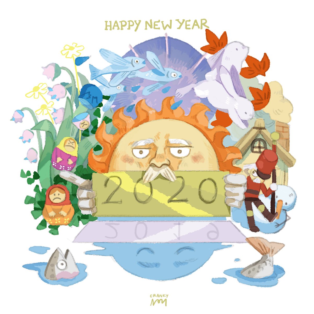 I was trying to depict this weird feeling of how fast the year has passed with this musctachioed sun as the centerpiece, holding up a plaque that says 2020. Below it, a reflection of the moon with a plaque that says 2019. Surrounding them are things like flowers and plants for spring, a school of flying fish & a giant morning glory for summer, bunnies & maple leaves for fall & for winter, a toy soldier and a snowman.